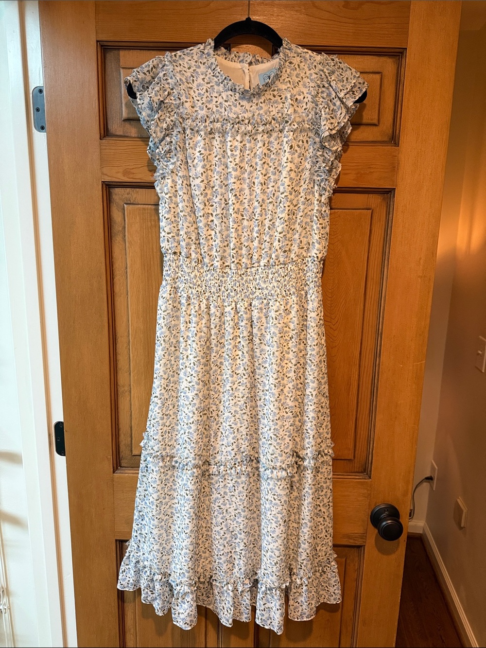 CeCe Light Blue and White Floral Ruffle Midi Dress